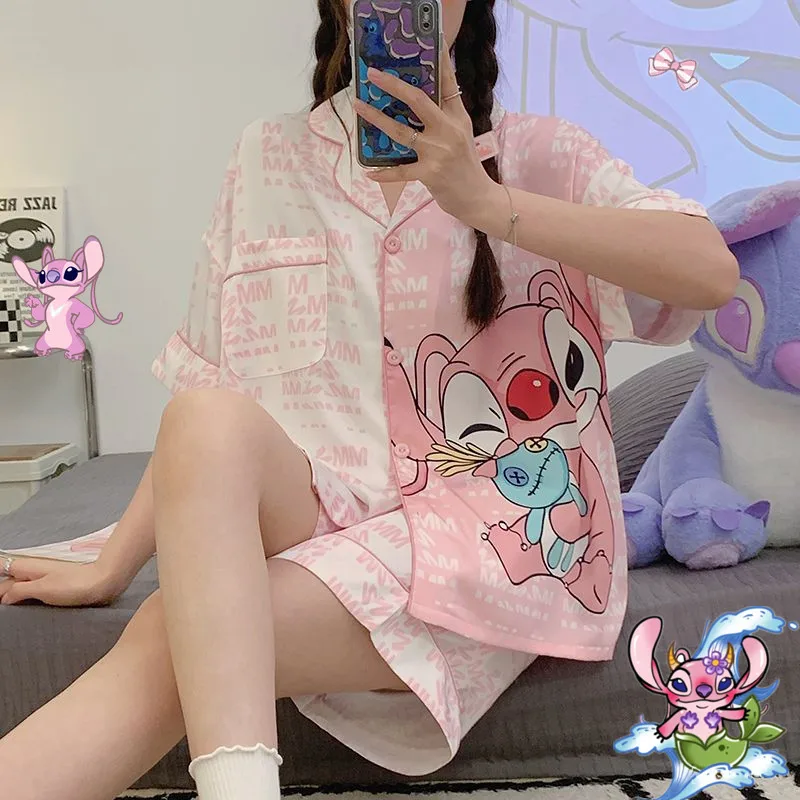 

Пижама с ангелом для девочек, кавайная куртка, рубашка, штаны, аниме мультфильм, ночная рубашка с коротким рукавом, модный спортивный костюм,...