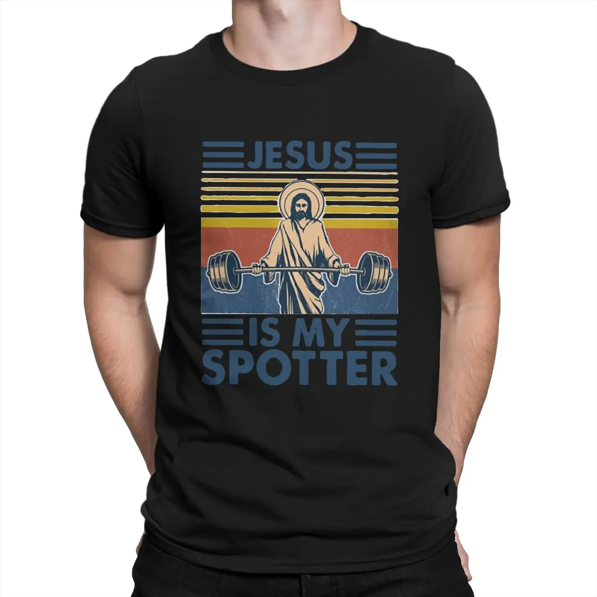 

Fitness Jesus Is My Spotter T-Shirts Men Christ Christian Religion Vintage Pure Cotton Tee Shirt Round Collar Short Sleeve