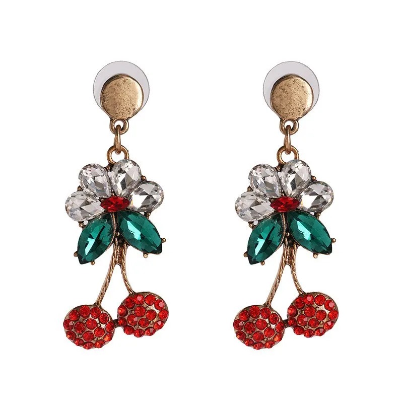 

Minar Korean Japanese Candy Color Rhinestone Cherry Long Dangle Earrings for Women Cute Metallic Fruit Drop Earring Wholesale