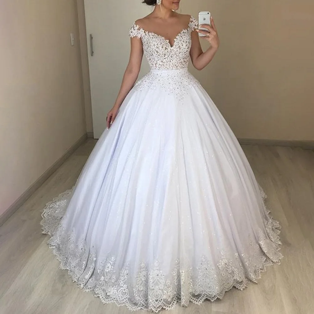 

Princess Ball Gown Wedding Dress 2023 Cap Sleeve Illusion Scoop Neck свадебное платье Lace Applique Beads Bridal Gowns Plus Size
