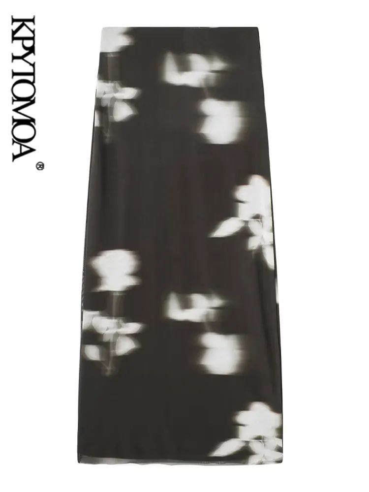 

KPYTOMOA Women Fashion With Lining Printed Tulle Midi Skirt Vintage High Waist Side Zipper Female Skirts Mujer