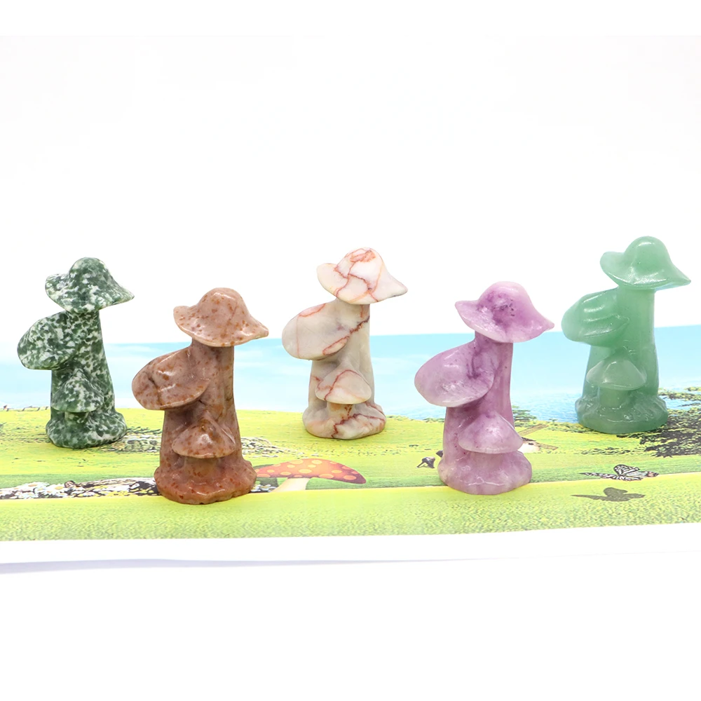 

2" Mushroom Statue Natural Stones Carved Micro Garden Miniature Figurines Forest Lawn Terrarium Healing Crystals Decor Craft