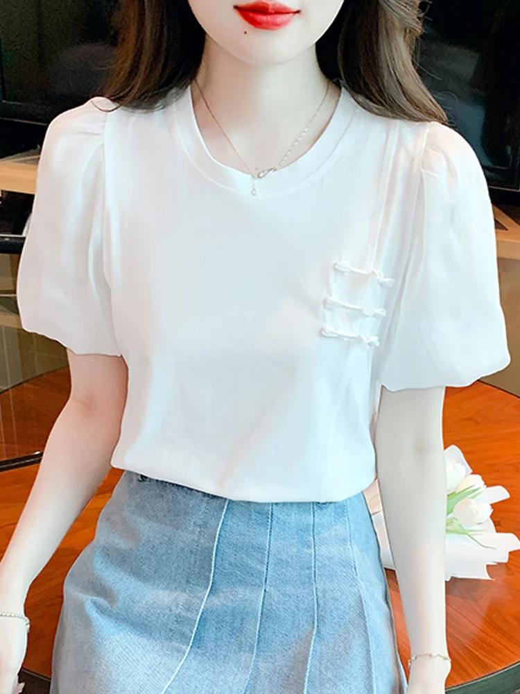 

Summer Women Tops Short Sleeve Blouse Women Blusas Mujer De Moda 2023 Verano Casual O-Neck White Blouse Shirt Blouses Blusa G513