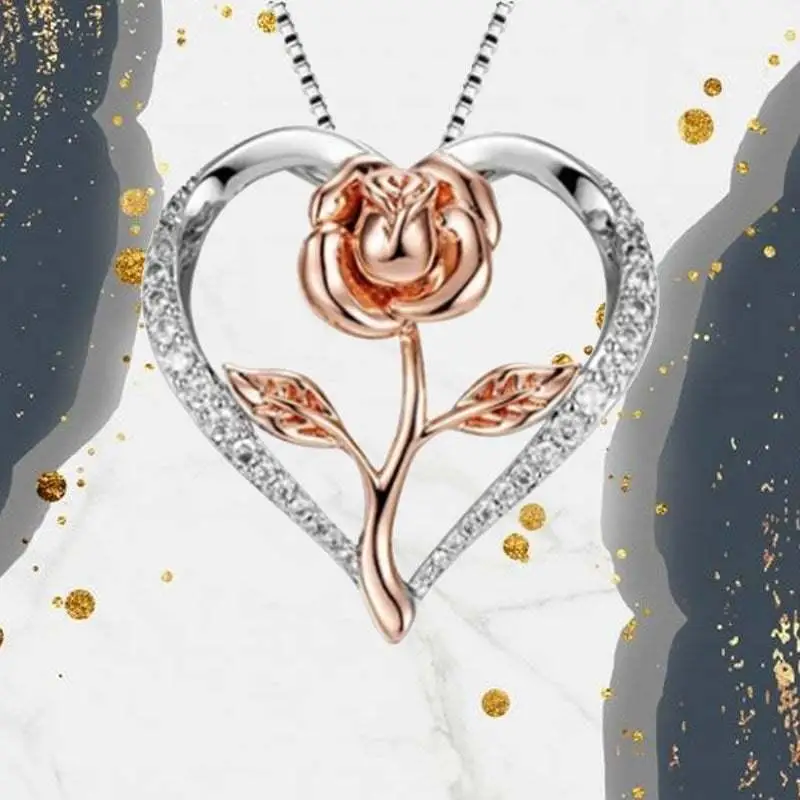 

Exquisite Heart Rose Necklace Fashion Elegant Ladies Pendant Necklace For Wife Girlfriend Valentine's Day Anniversary Gift Thank
