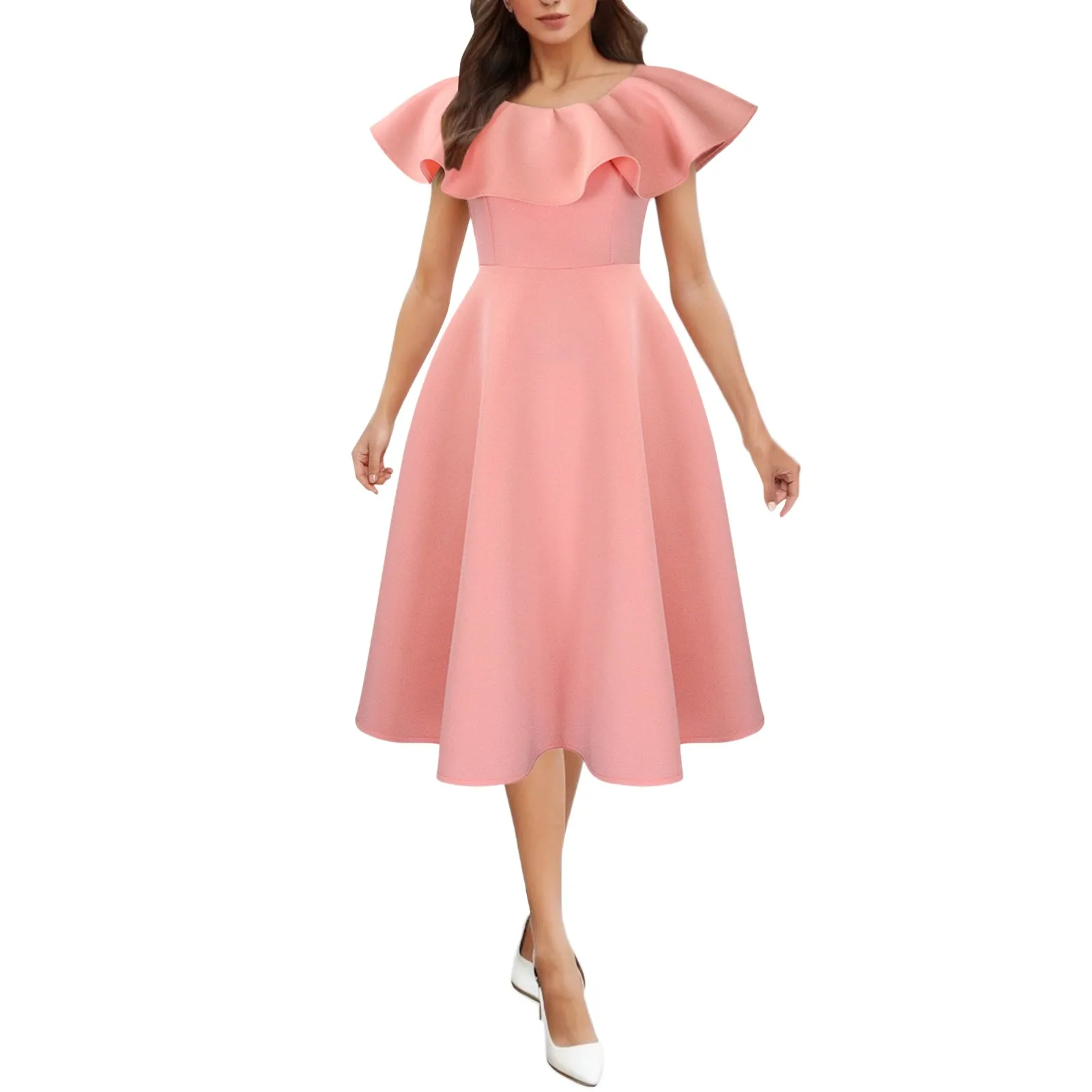 

Women Cocktail Dresses Party Ruffles O Neck High Waist A Line Pleated Summer Dress Fashion Retro Evening Birthday Gowns платье