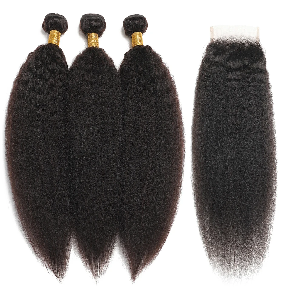 Kinky Straight Bundles With Closure Malaysian Yaki Straight Human Hair Bundles With 4X4 Lace Closure Pre-plucked With Baby Hair