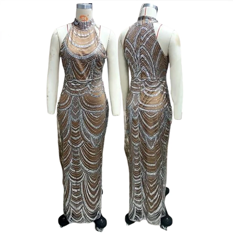 Women Sexy Mesh Sequins Split Fishtail Dresses Female V-Neck Long Sleeve Maxi Dress Summer Elegant Lady Party Evening Long Dress