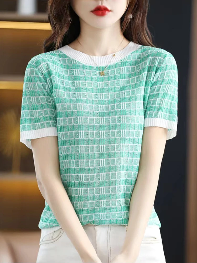 Женская футболка в полоску Базовая Трикотажная с коротким рукавом Корейском