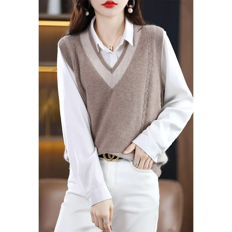 Женский трикотажный жилет из 2024 шерсти свободный короткий с V-образным вырезом