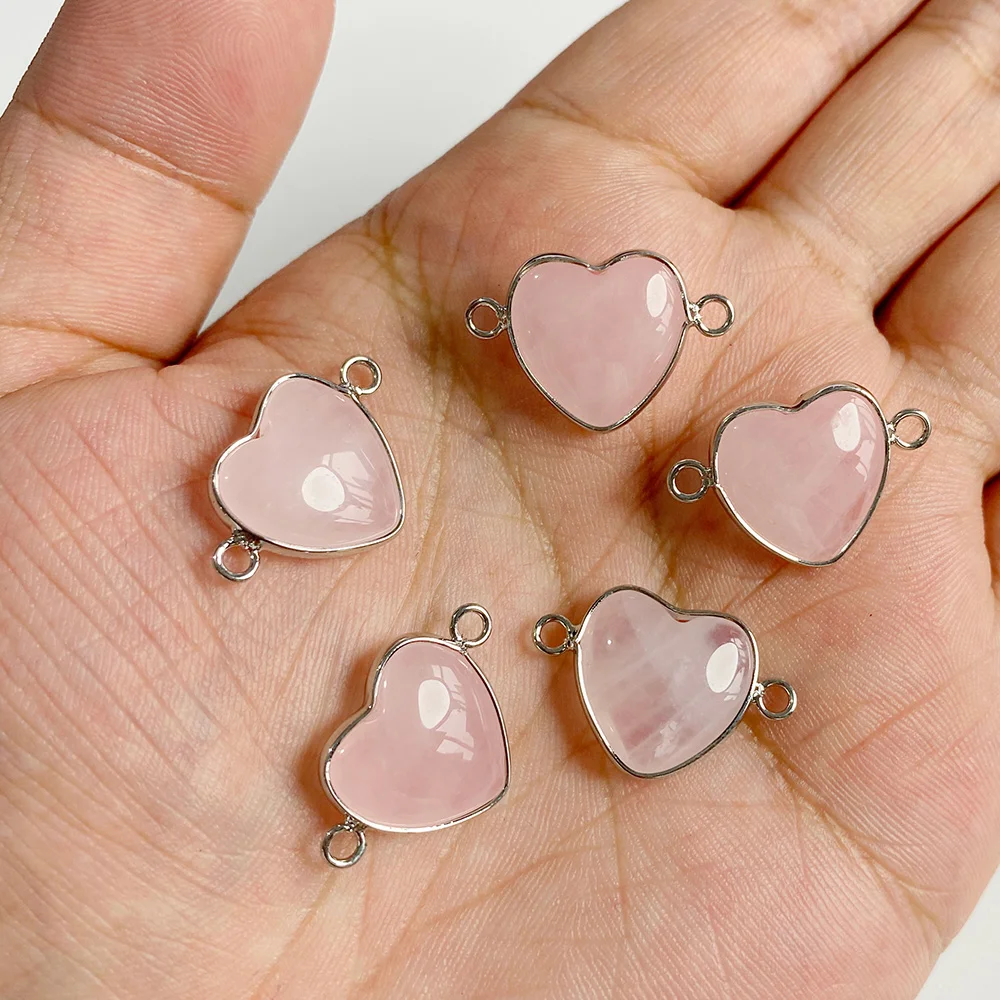 5PCS 15MM Natural Stone Pendant Connector Silver-colored Heart Shape Agates Malachite Crystal Beads Charms for Jewelry Making
