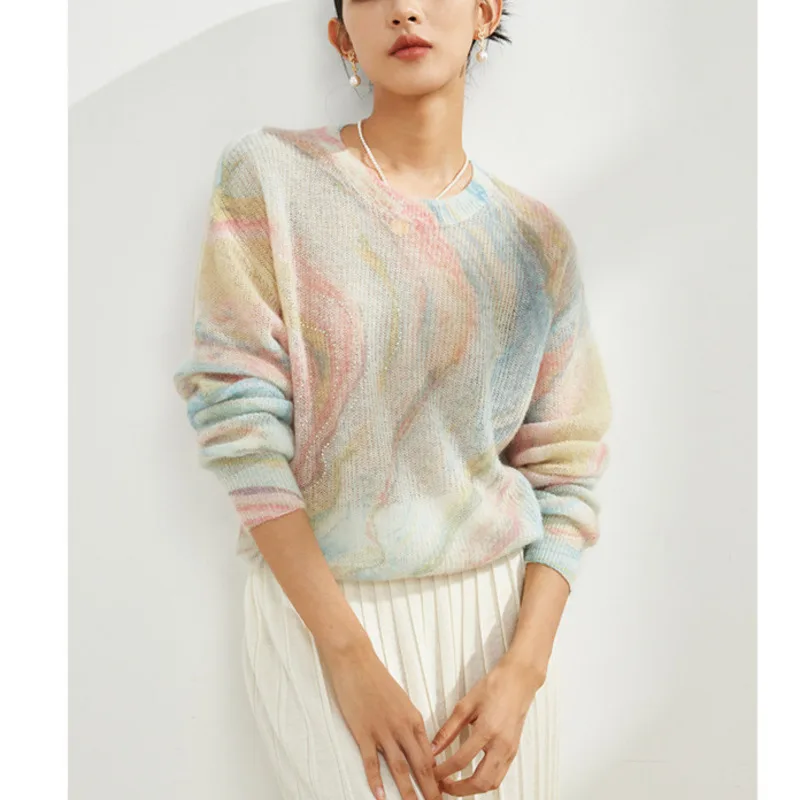 

Женский шерстяной мохеровый свитер, Свободный Вязаный топ с градиентом и круглым вырезом, весна-осень 2023