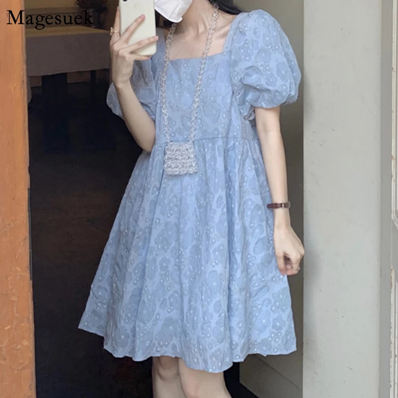 

Puff Sleeve Party Summer Dresses Vimtage Fairy Square Neck Beach Women Dress Blue Chic Elegant Floral Print Dresses Robe 22176