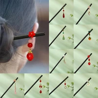 diy vintage wood flower hairpin for women antique hair stick for girl hair clip pearl beaded costume chinese hair accessories
