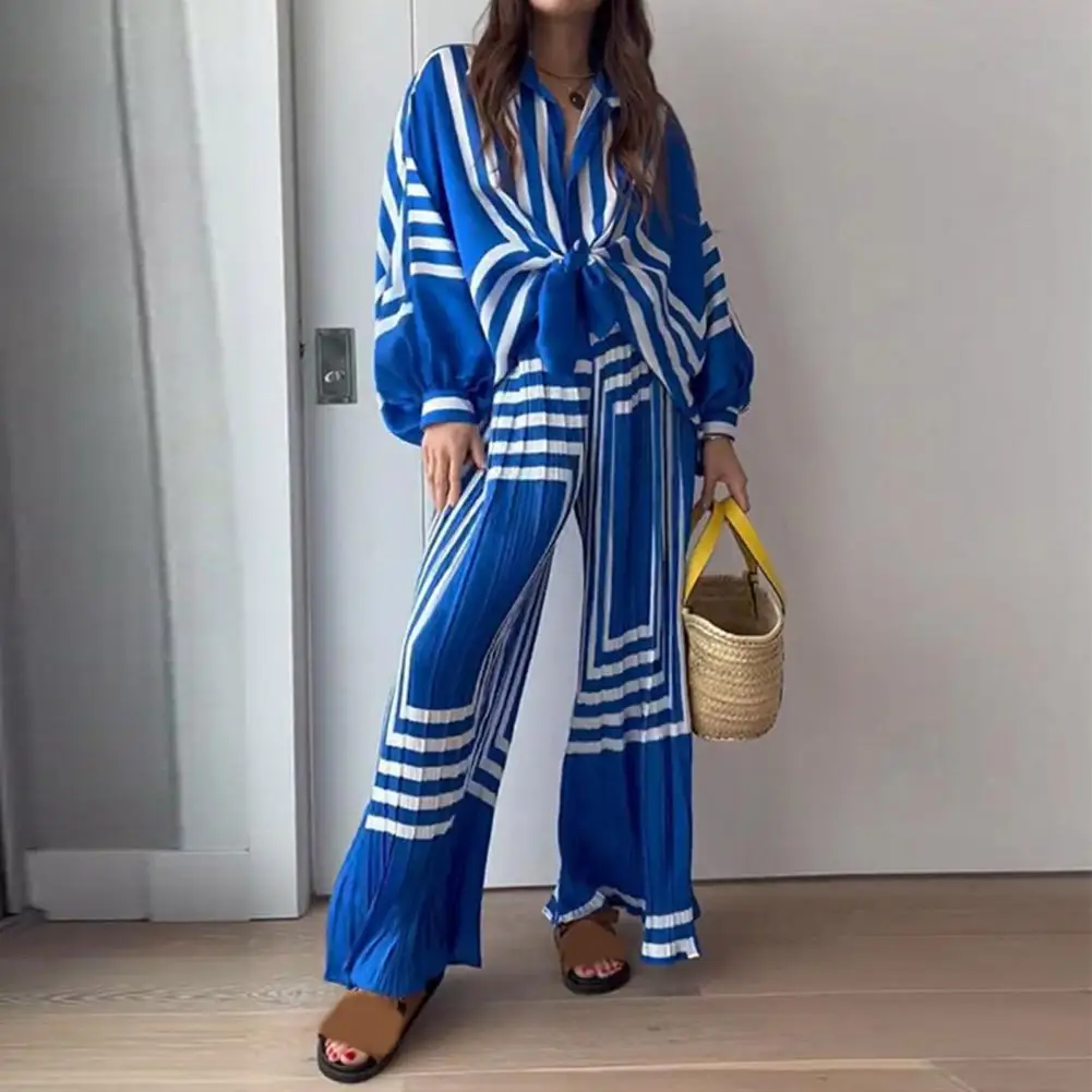 

Women Two-piece Set Chic Striped Pleated Outfit Lapel Lantern Sleeve Shirt High Waist Wide Leg Pants Set for Women Women Shirt