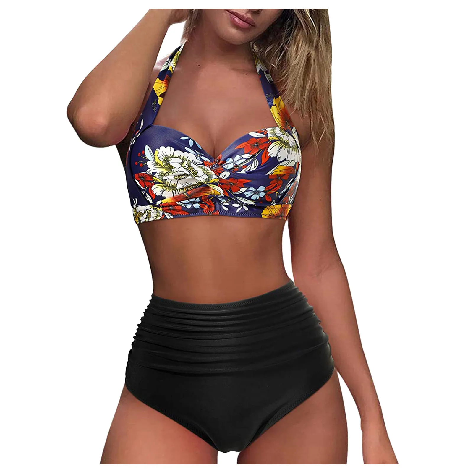 

Retro Ruched Women High Vintage Set Two Halter Piece Bikini Waist Swimsuit Print Swimwears Tankinis Set Swimwears bikini top
