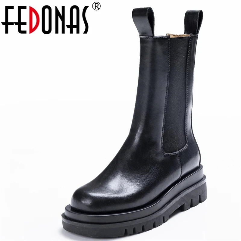 

FEDONAS 2022 New Women Mid-Calf Boots Genuine Leather Platforms Concise Casual Thick Heels Shoes Woman Autumn Winter High Boots
