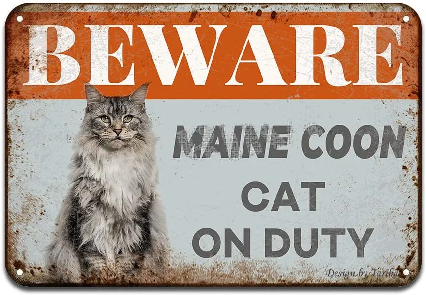 

Beware Maine Coon Cat On Duty Iron Poster Painting Tin Sign Vintage Wall Decor for Cafe Bar Pub Home Beer Decoration Crafts