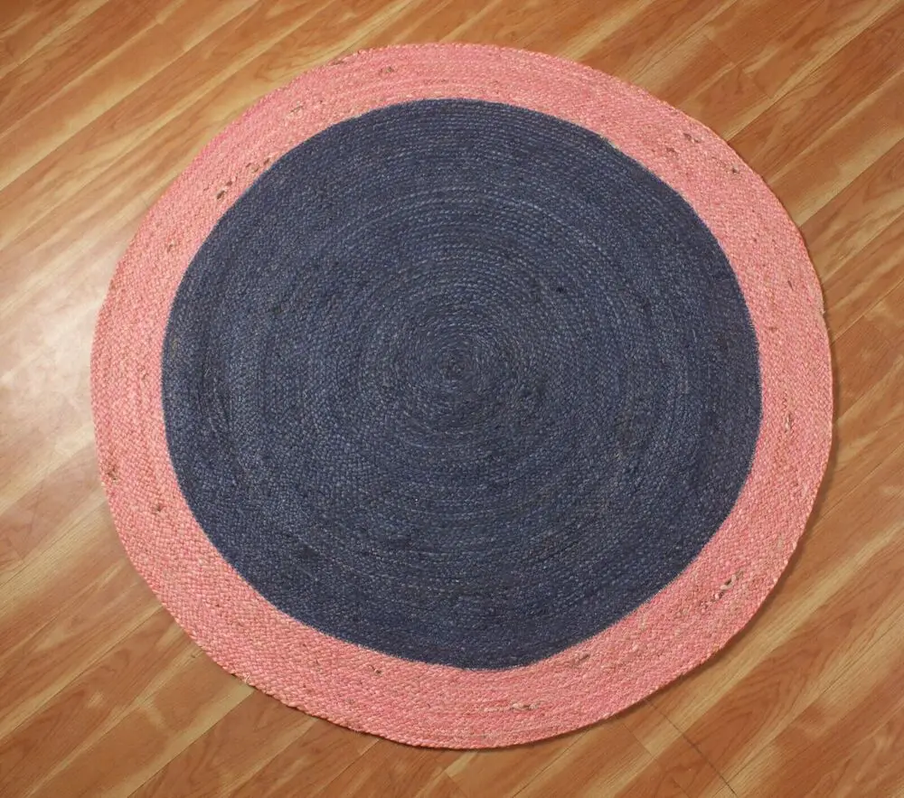 Red Rug Round Jute 100% Farmhouse Natural Jute Braided Carpet Blue Rustic Mat