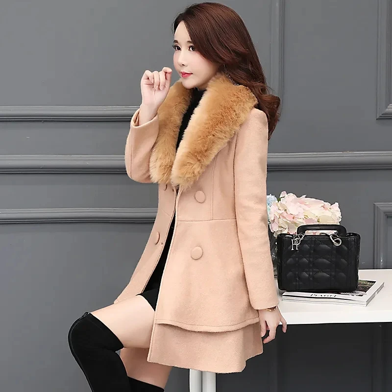 

2022 Autumn Winter New Woolen Coat Womens Fashion Thin All-match Casual Wool Jacket Women Long Fur Collar Warm Outerwear Trend
