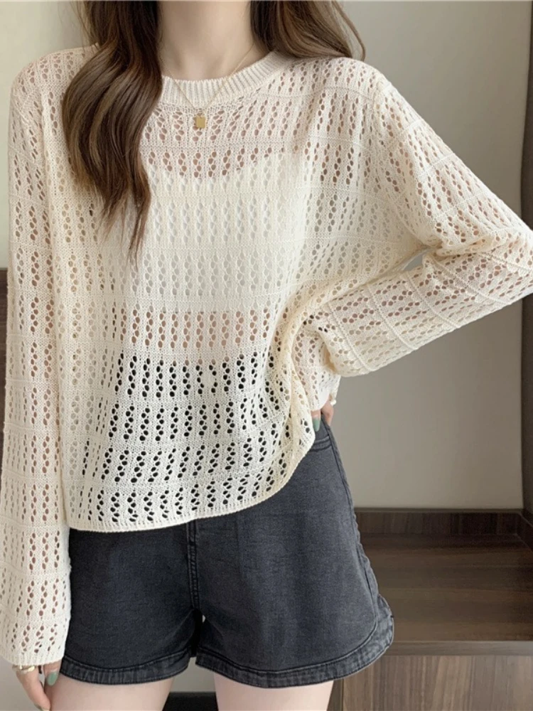

Gentle wind spring/summer new 2023 thin pullover temperament hollow perspective knitwear female thin wear solid color