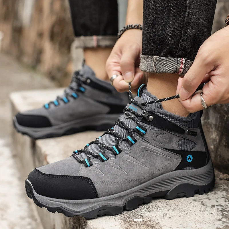 SALUDAS Men Winter Hiking Boots Leather Trekking Shoes Outdoor Fur Warm Waterproof Camping Hunting Boots Men's Winter Sneakers