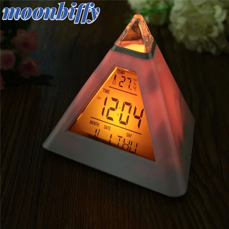 

Creative Fashion Pyramid Digital Clock Temperature Clock 7 Colors LED Change Backlight LED Alarm Clock Time Date Display