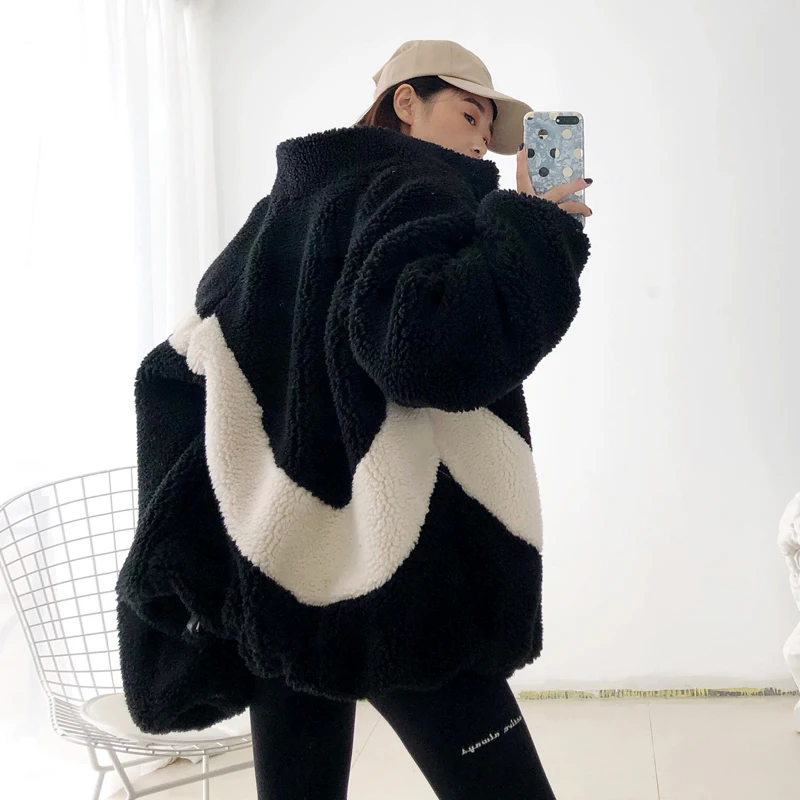 Women's Boyfriend Style Striped Pattern Coats Winter Thick Warm Loose Woolen Coat 2023 Faux Fur Jackets Female Casual Outerwear