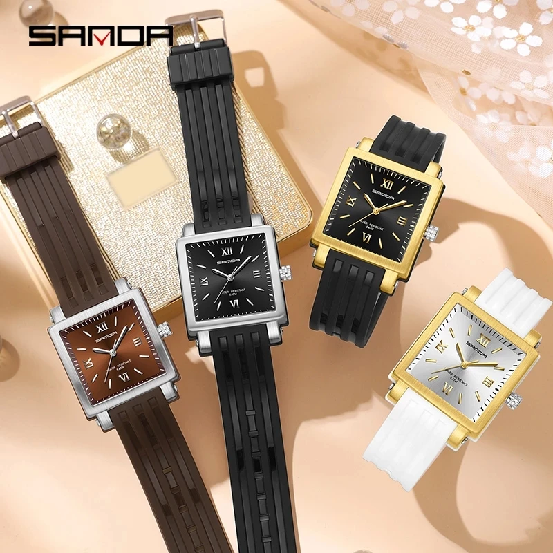 Sanda Rectangular Wrist Watches for Women gold Case Ladies Watches 2023 Luxury Brand rubber strap Quartz Clock zegarek damski 32