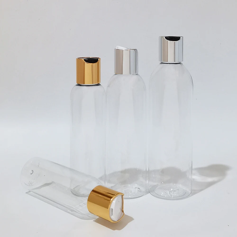 100ml/150ml/200ml/250ml şeffaf plastik losyon şişesi altın gümüş alüminyum disk kapaklı vücut losyonu duş şampuanı jel yağ şişesi