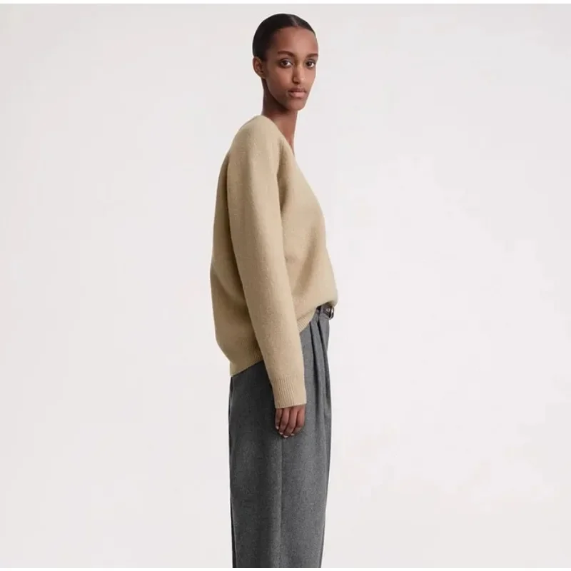 TT-Женский свободный свитер шерстяной пуловер V-образный вырез с длинными