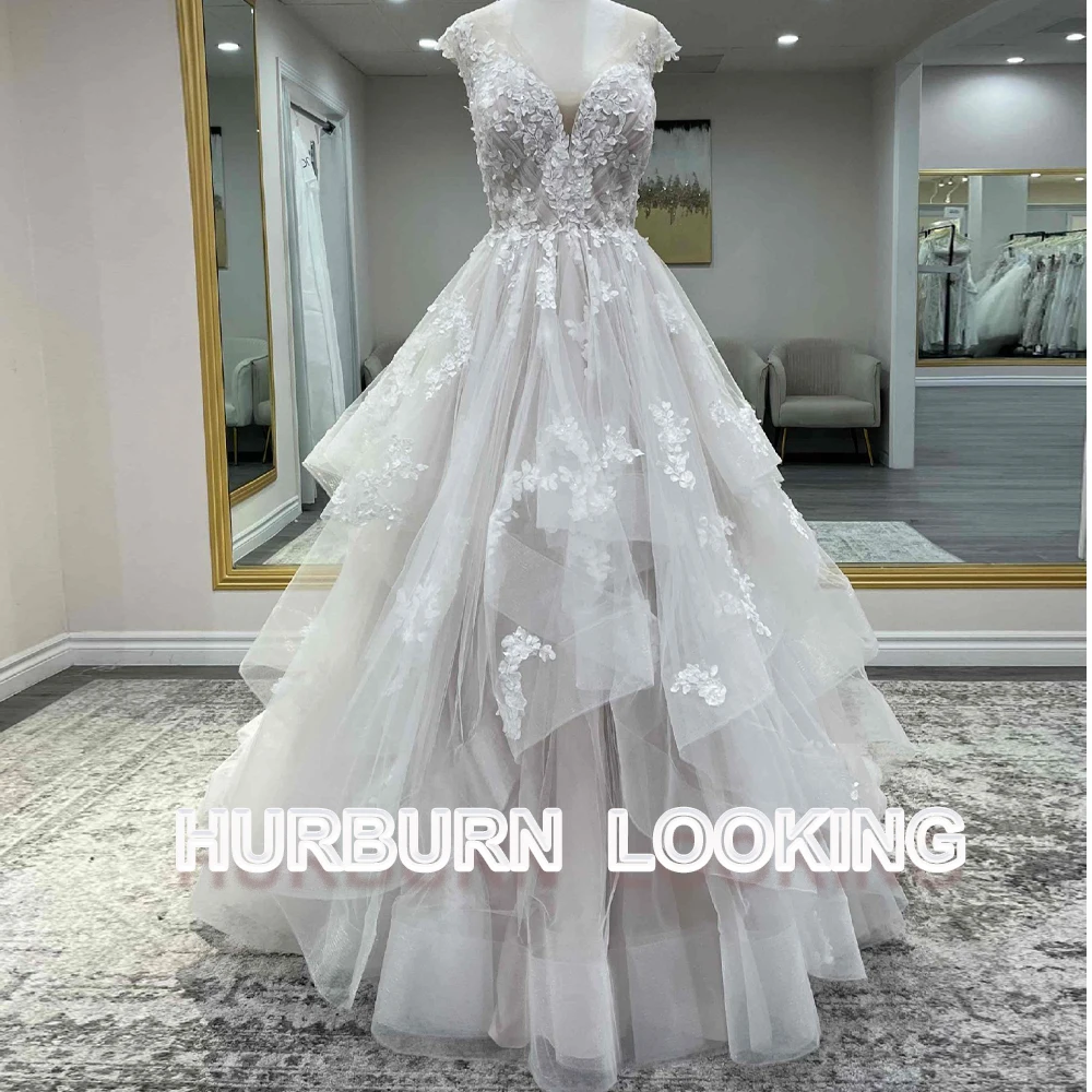 

HERBURN Luxury Leaf Appliques Wedding Dresses Marriage Bride Gown Short Sleeves Layered Tulle Zipper Court Train Drop Shipping