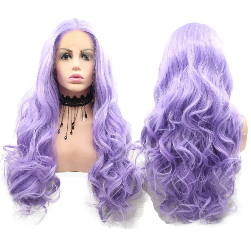 

Синтетические парики на сетке спереди, волнистые фиолетовые волосы среднего размера, термостойкие волосы из волокна для повседневного использования для женщин