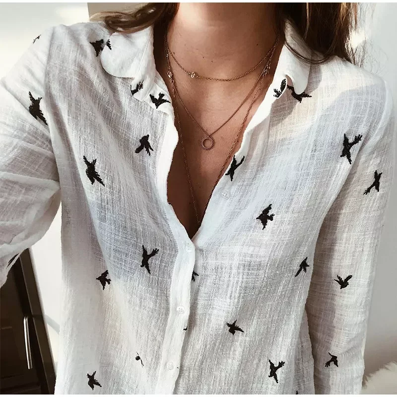 

Women's Birds Print Shirts 35% Cotton Long Sleeve Female Tops Spring Summer Loose Casual Office Ladies Shirt Plus Size 5XLhigh-q