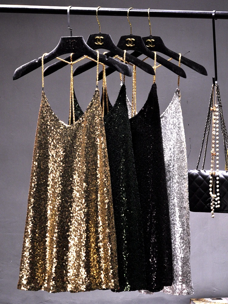 Dresses for Women Party Metal Chain Hanging Neck Long Render In Sequined Dress Sexy Backless Dress Nightclub Female Costumes