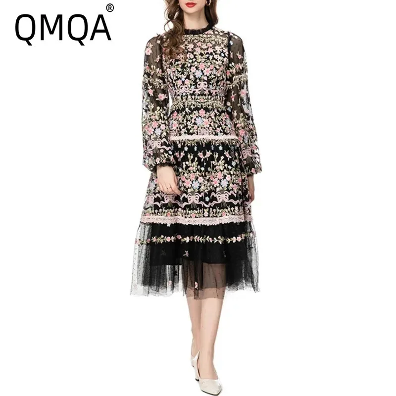 QMQA модные женские элегантные роскошные платья с длинным рукавом сетчатое платье