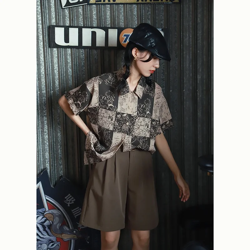 Винтажная винтажная рубашка с принтом Кубы коротким рукавом в гонконгском стиле