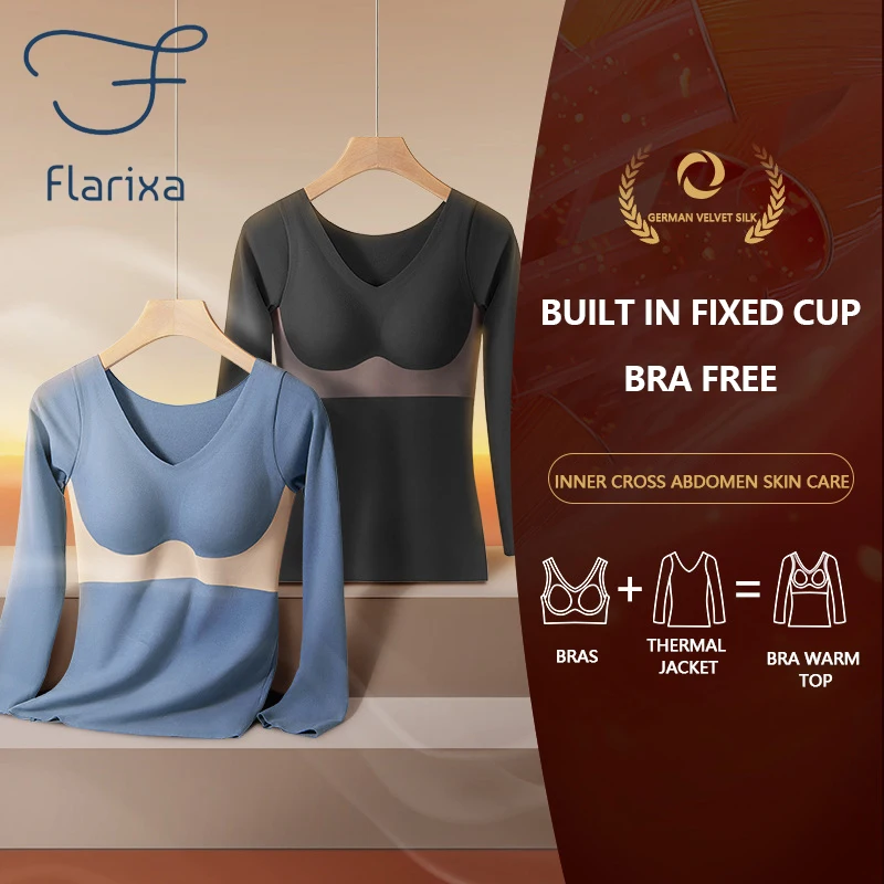 Flarixa 2 in 1 Seamless Winter Women's Thermal Underwear Slim Fit Chest Pad Bottoming Warm Thermos Clothing Tops Long Lingere