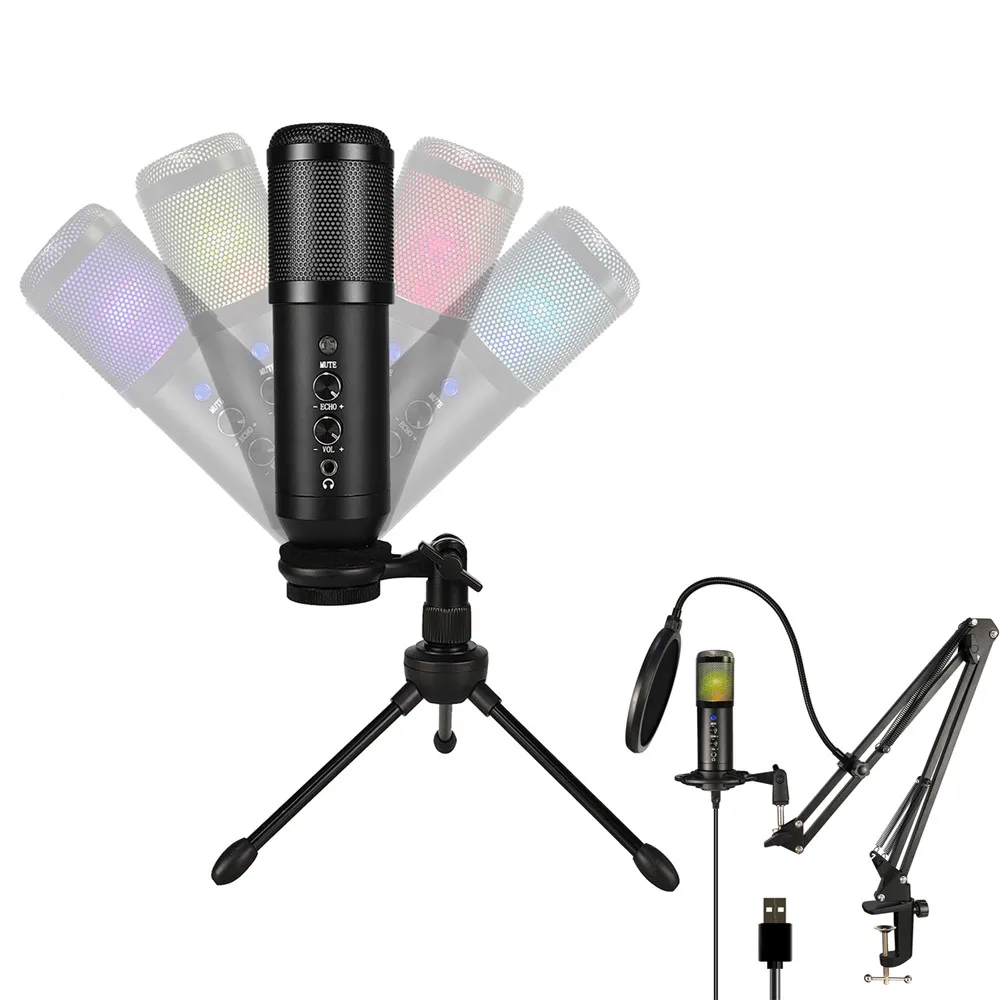 

USA Free Shipping Live Karaoke RGB Light Voice Recording USB Condenser Studio MIC Gaming Microphone with Stand and Arm