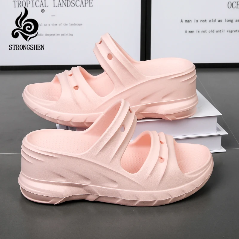 

STRONGSHEN Women Slippers Fashion Integrated Platform Slipper Female Light Summer Open Toe Mules Shoes Soft 7cm Heightening Shoe