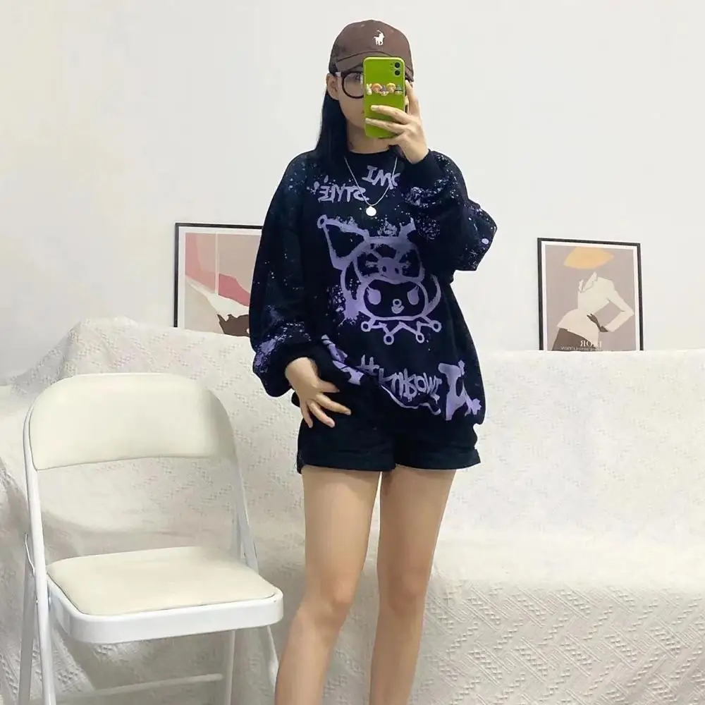 Тонкий свитшот Kuromi с рисунком Kawaii Sanrioed милая женская одежда черное пальто