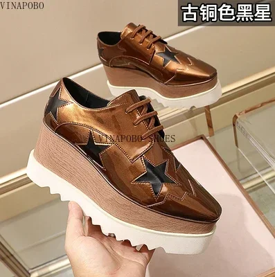 vinapobo New Genuine Leather Stars Shoes Bottom Platform Square Head Women Casual Breathable Waterproof Wedges Sneakers