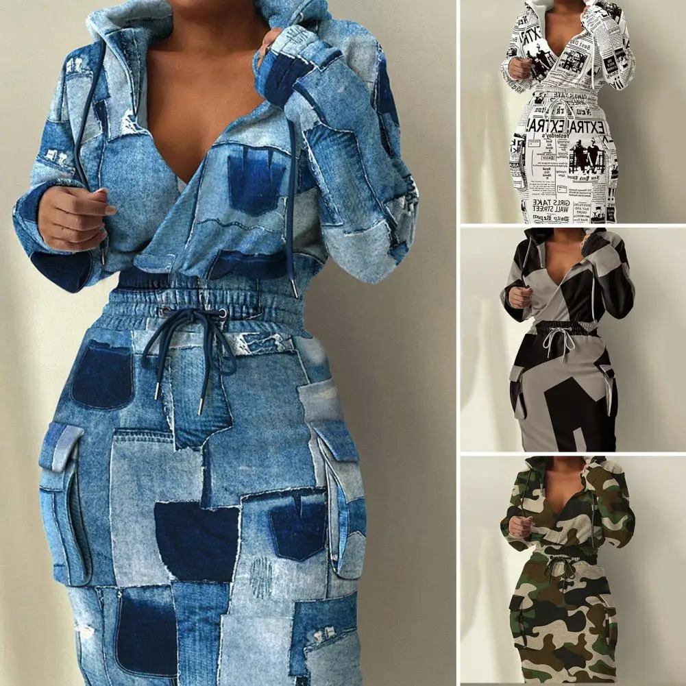 

V-Neck Long Sleeve High-Waist Sweatshirt Dress Women Fashionable Print Drawstring Elastic Waist Hoodie Dress Streetwear Vestido