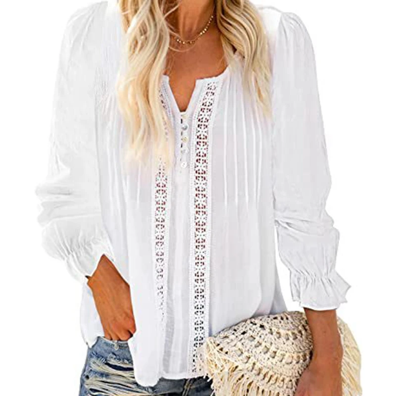 

Women's V Neck Long Sleeve Lace Crochet Tunic Tops Flowy Casual Hollow Out Blouses Shirts