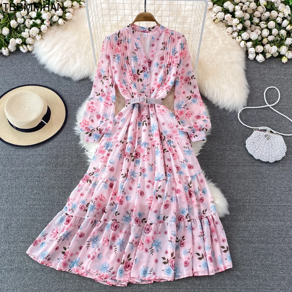 

Женское платье-миди с V-образным вырезом, длинным рукавом-фонариком и высокой талией