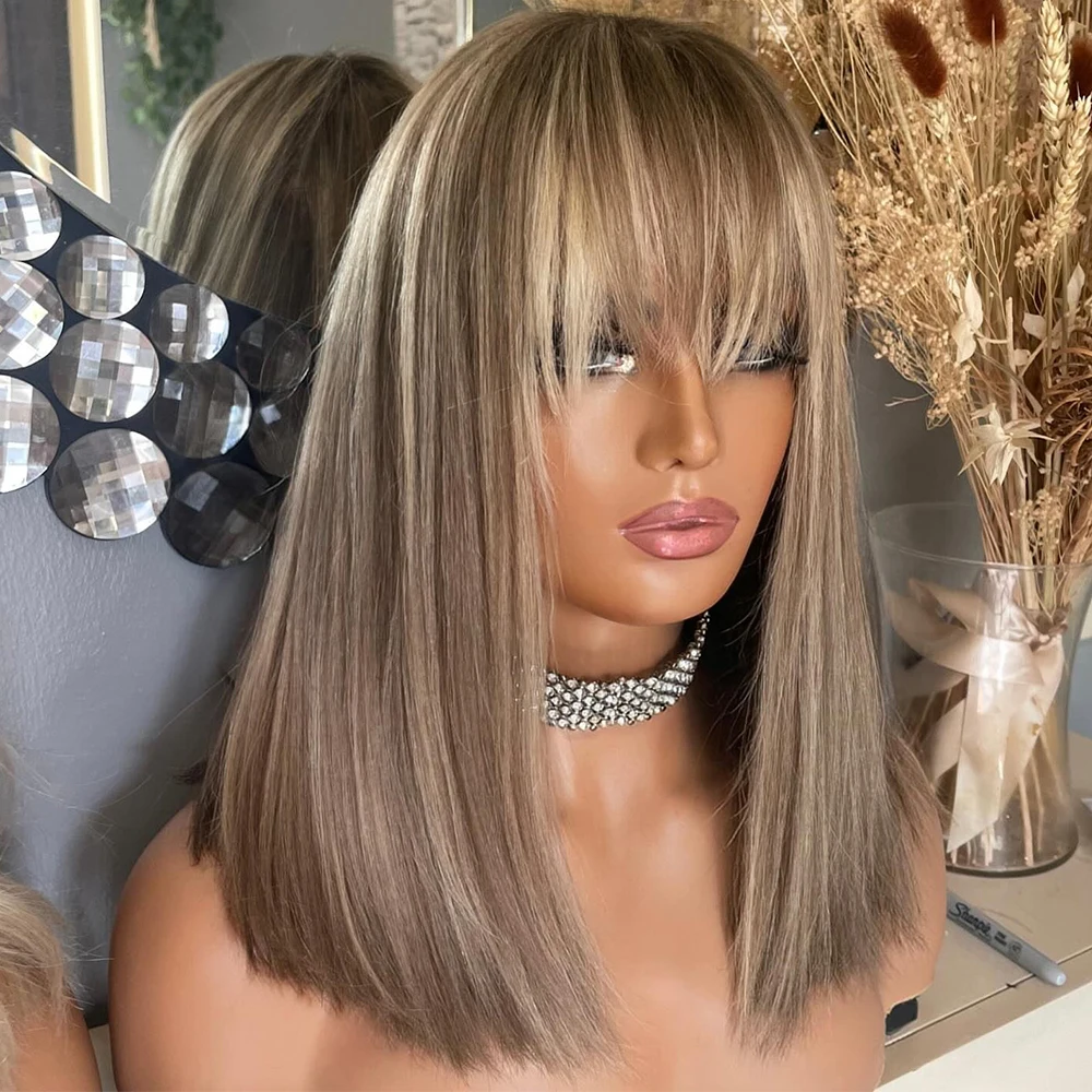 Парик 12 дюймов с челкой прямой 100% натуральные волосы темные корни 200%