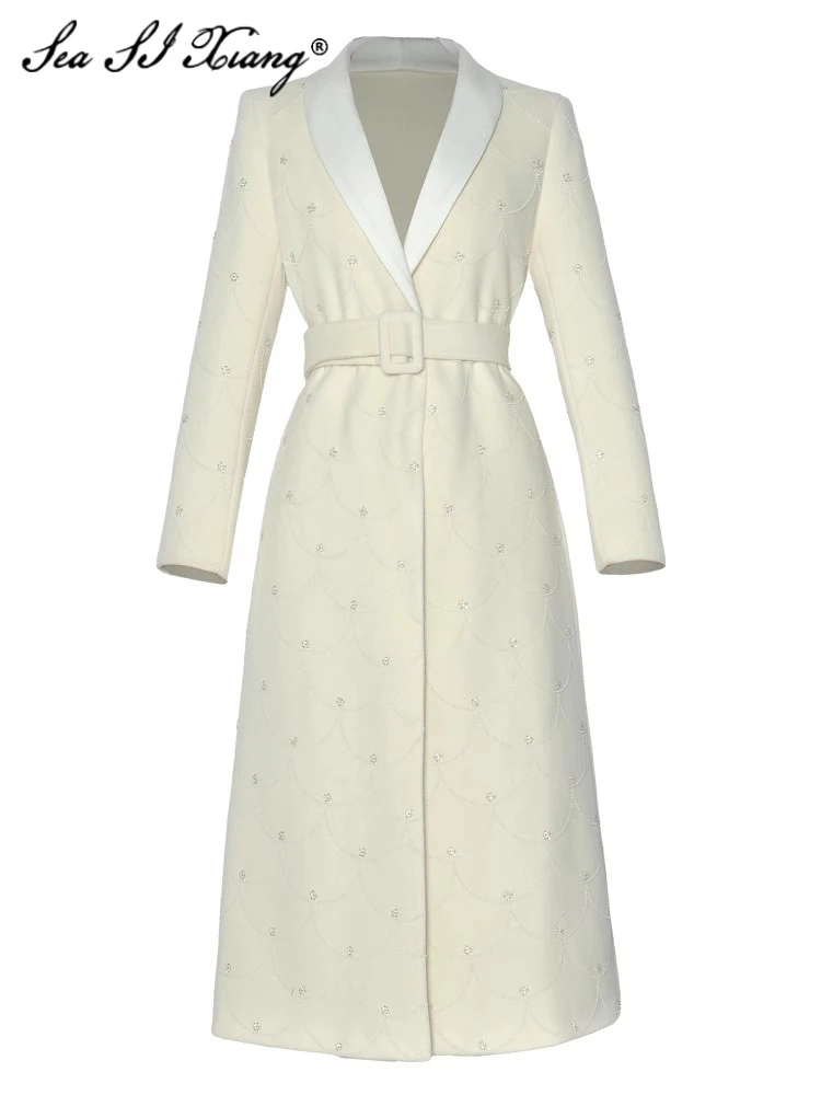 Seasixiang пальто с бисером для женщин отложным воротником и длинными рукавами поясом