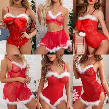 Sexy Lingerie Christmas Costumes Red Lace Plush Nightie Sleepwear For Women Cosplay Sex Underwear Erotic Babydoll Dress Gifts 1
