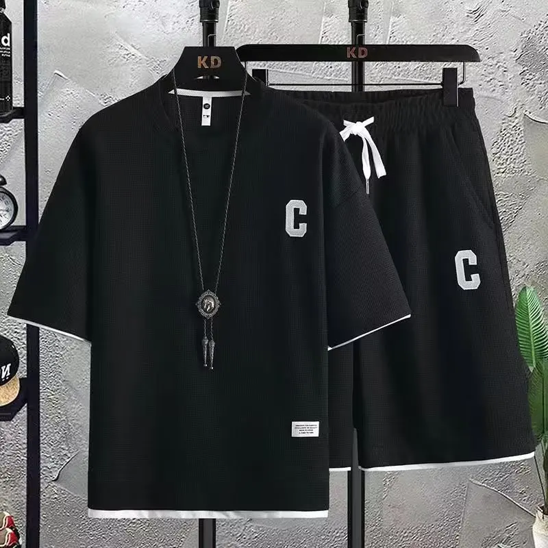 2023 Summer New Set Street Dress Crew Neck Sports T-shirt and Sports Shorts Casual Set Two Pieces Versatile Simple Menswear