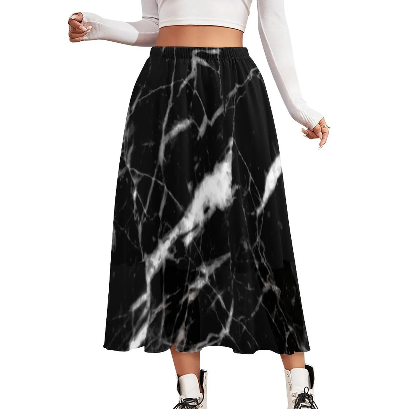 

Marble Crackle Black And White Skirt Natural Marbles Graphics Kawaii Boho Skirts Elastic Waist Pattern Skirt Plus Size 3XL 4XL