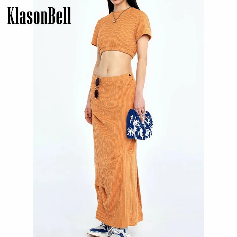 

5.16 KlasonBell Fashion Round Neck Crop Top T-Shirt Or Back Split Long Skirt Set Women